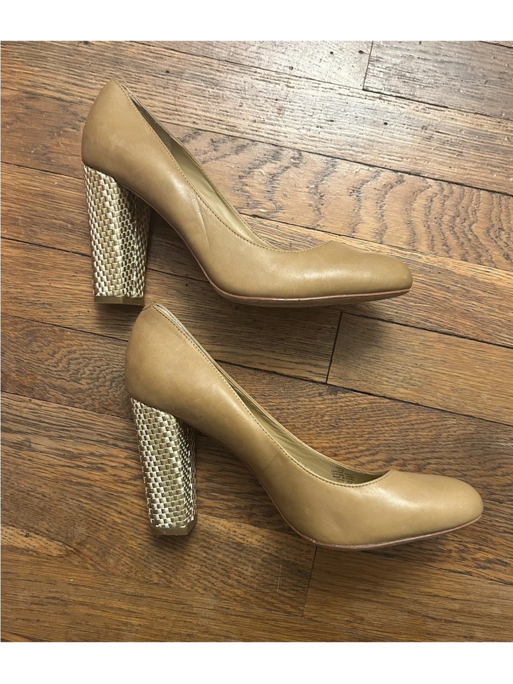 Lauren Ralph Lauren Tan Leather Pumps Gold Woven Block Heel Size 8.5